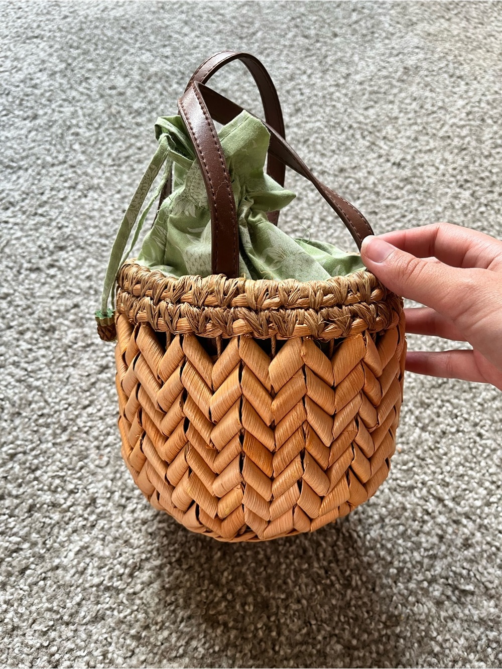 Vintage Woven Straw Basket Bag with Green Drawstring Liner